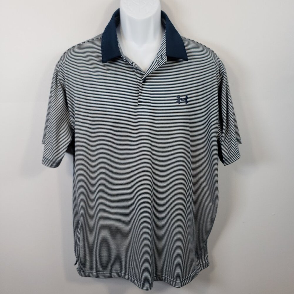Under Armour Performance Polo Shirt Mens XL Striped Navy Golf HeatGear  / A236